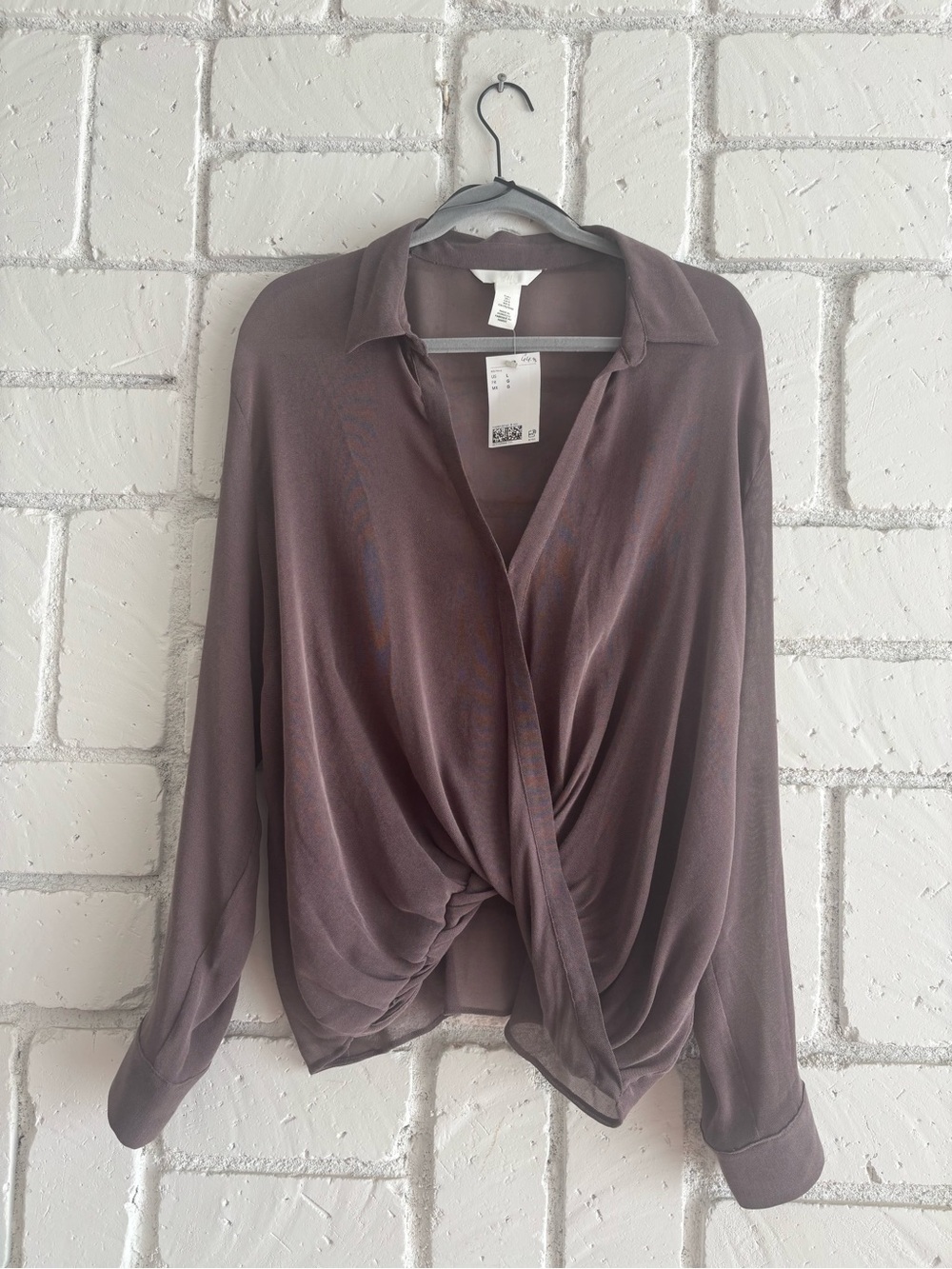 H&M Draped Twist-Front Button Down Shirt - Brown